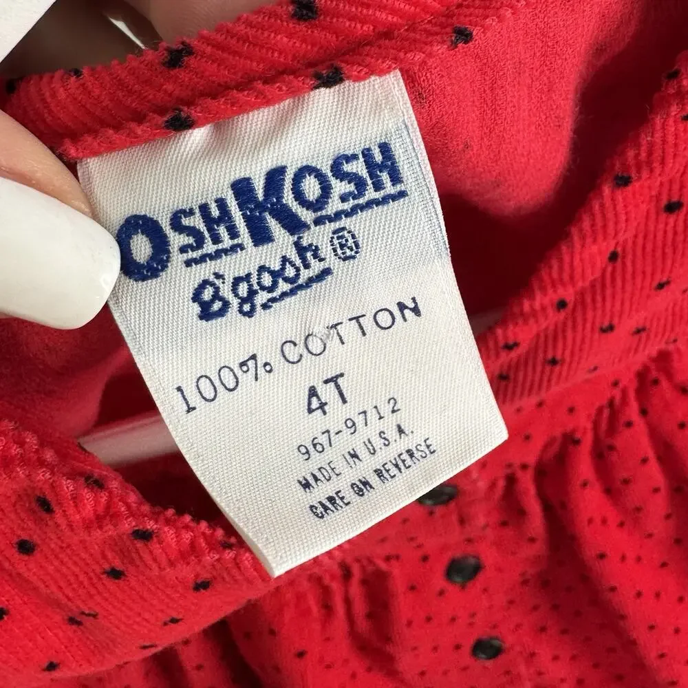 Vintage OshKosh B’gosh Dress Girl 4T Red Polka Dot Corduroy Button Cottage Retro